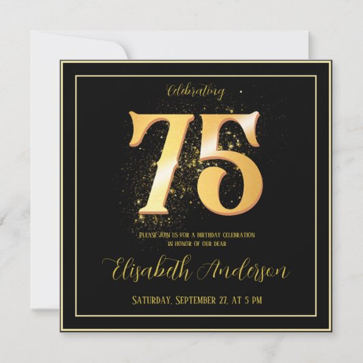 75. Geburtstag feiern Gold Black Einladung (Vorderseite)