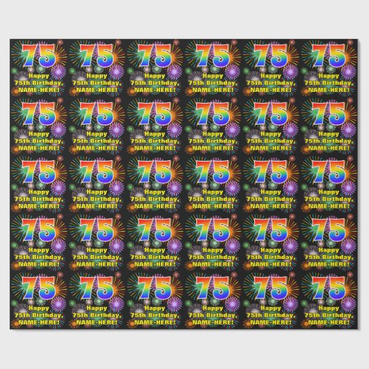 75. Geburtstag: Fun Fireworks, Rainbow Look # "75" Geschenkpapier (Flach)