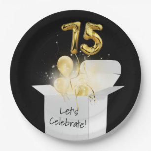 75. Geburtstag Gold Ballons in weißer Box Pappteller