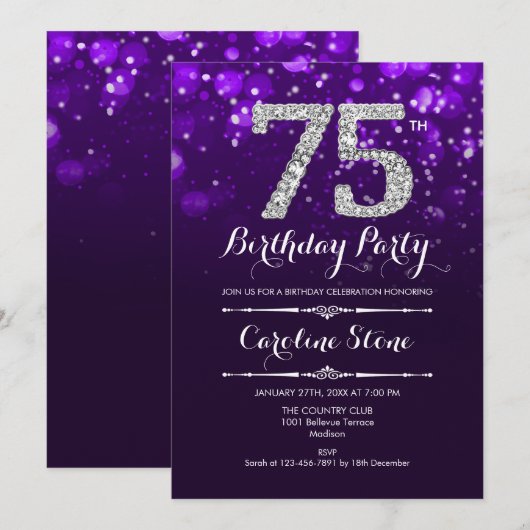 75. Geburtstag - Lila Silber Einladung (Vorne/Hinten)