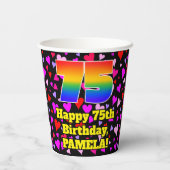 75. Geburtstag: Loving Hearts Pattern, Regenbogen Pappbecher (Rückseite)