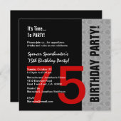 75. Geburtstag Modernes Rotes Silber Schwarzes C84 Einladung (Vorne/Hinten)