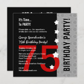 75. Geburtstag modernes rotes silbernes schwarzes Einladung (Vorne/Hinten)