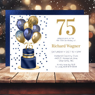 75. Geburtstag Navy-Blauer Ballon-Torte Einladung