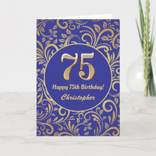 75. Geburtstag Navy Blue and Gold Floral Muster Karte
