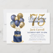 75. Geburtstag Navy Blue Balloon Cake Einladung (Vorderseite)