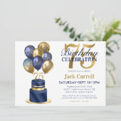 75. Geburtstag Navy Blue Balloon Cake Einladung (Stehend Vorderseite)