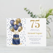 75. Geburtstag Navy Blue Balloon Cake Einladung (Stehend Vorderseite)