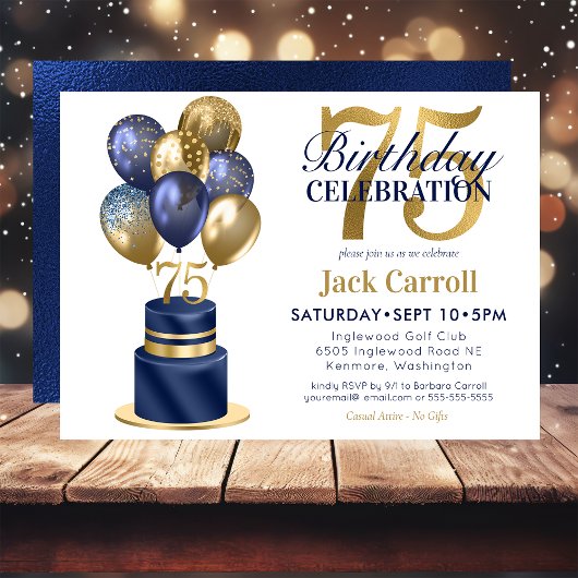75. Geburtstag Navy Blue Balloon Cake Einladung