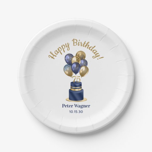 75. Geburtstag Navy Blue Balloon Cake Pappteller (Vorderseite)