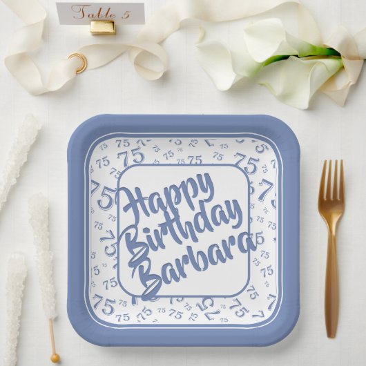 75. Geburtstag Party Nummer Muster Blau Weiß Pappteller (Hochzeit)