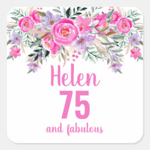 75. Geburtstag pink Aquarell Blumenklassiker Quadratischer Aufkleber
