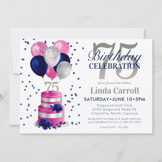 75. Geburtstag Pink Cake Einladung (Vorderseite)