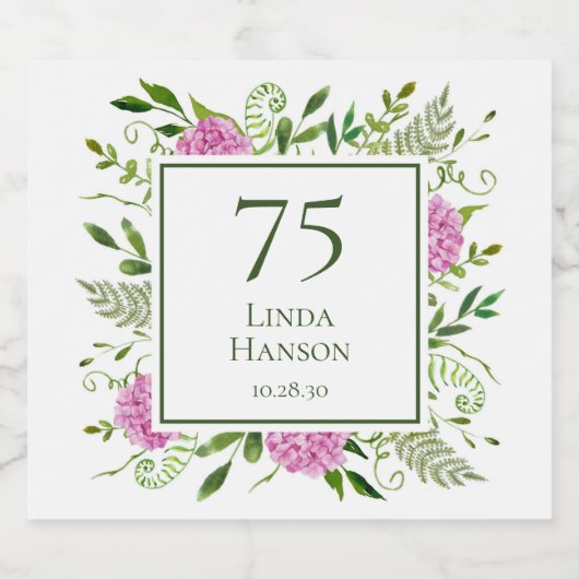 75. Geburtstag Pink Hydrangeas Schaumweinetikett (Einzelnes Label)