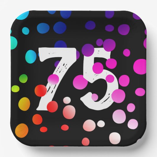 75. Geburtstag Rainbow Dots auf Black Pappteller (Vorderseite)