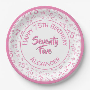 75. Geburtstag Random Number Pattern Pink/Weiß Pappteller