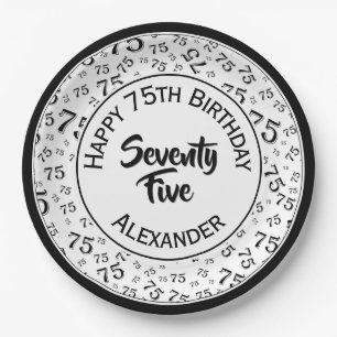 75. Geburtstag Random Zahlenmuster Schwarz/Weiß Pappteller