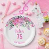 75. Geburtstag rosa Aquarellblüte Pappteller (Party)