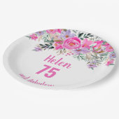 75. Geburtstag rosa Aquarellblüte Pappteller (Schrägansicht)