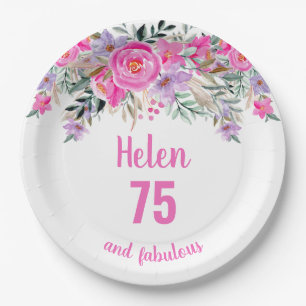 75. Geburtstag rosa Aquarellblüte Pappteller