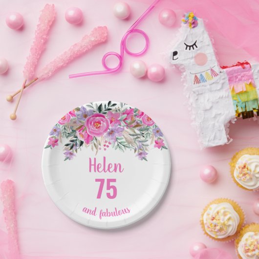 75. Geburtstag rosa Aquarellblüte Pappteller (Party)