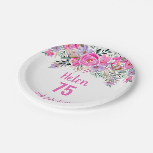 75. Geburtstag rosa Aquarellblüte Pappteller (Schrägansicht)