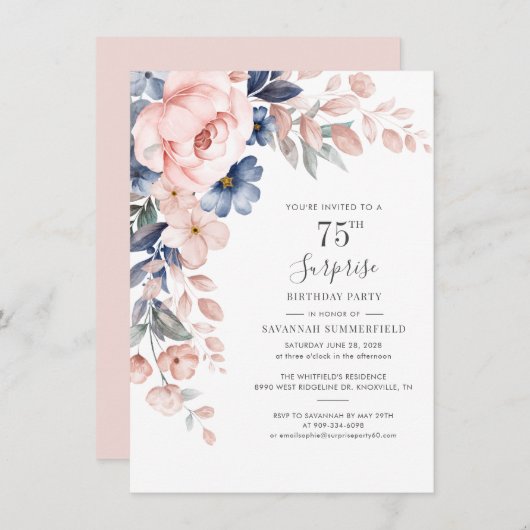 75. Geburtstag Rosa Blumenblätterung Einladung (Vorne/Hinten)