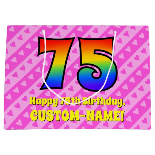 75. Geburtstag: Rosa Streifen & Herz, Regenbogen # Große Geschenktüte (Vorderseite)