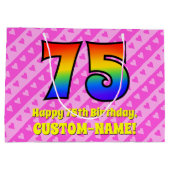 75. Geburtstag: Rosa Streifen & Herz, Regenbogen # Große Geschenktüte (Rückseite)