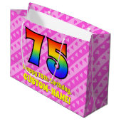 75. Geburtstag: Rosa Streifen & Herz, Regenbogen # Große Geschenktüte (Vorderseite Schrägansicht)
