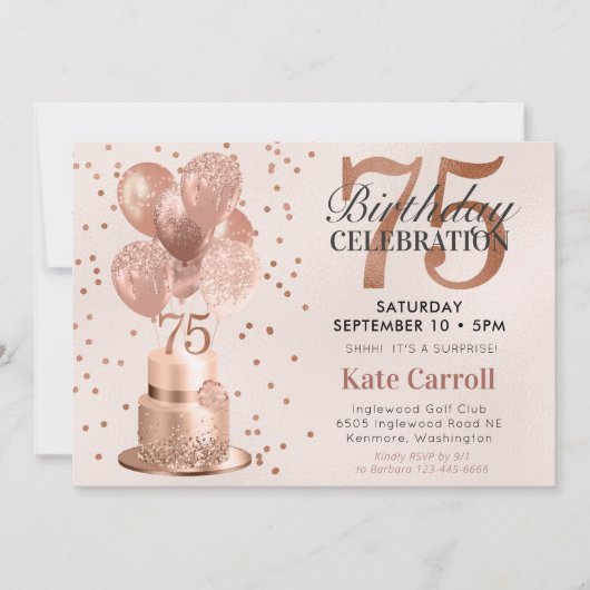 75. Geburtstag Rose Gold Cake Überraschung Party Einladung (Vorderseite)