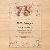 75. Geburtstag Rose Goldstars klar Acryleinladungen (Vorderseite)