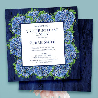75. Geburtstag Rustic Wood Blue Hydrangeas Party Einladung