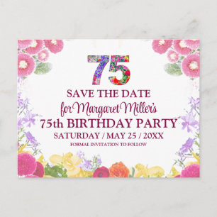 75. Geburtstag Save the Date, Blush Bloom Floral 7 Ankündigungspostkarte