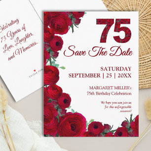 75. Geburtstag Save the Date Bold Red Floral 75 Ankündigungspostkarte