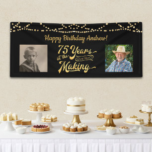 75. Geburtstag Schwarz Gold Lichterkette Retro Fot Banner