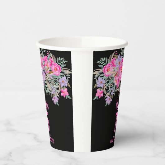 75. Geburtstag schwarz rosa Blumenbecher Pappbecher (Links)