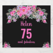 75. Geburtstag schwarz rosa Blüte Schaumweinetikett (Einzelnes Label)