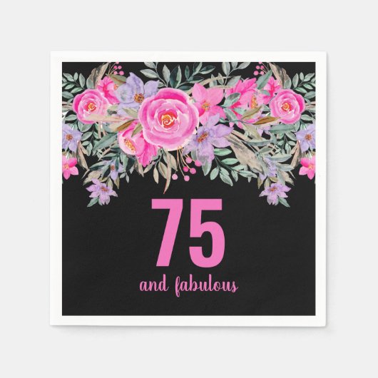 75. Geburtstag schwarz rosa Blüte Serviette (Vorderseite)