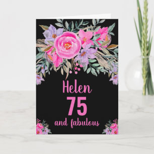 75. Geburtstag schwarze rosa Aquarell-Blumenkarte Karte