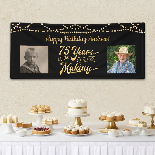 75. Geburtstag Schwarzes Gold String Lights Retro  Banner