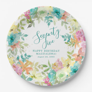75. Geburtstag Sommer Wasserfarbe Floral Benutzerd Pappteller
