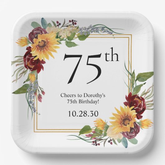 75. Geburtstag Sonnenblumen Pappteller (Vorderseite)