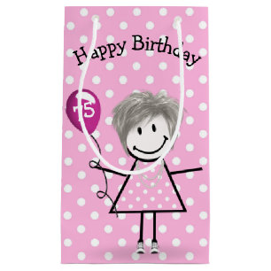 75. Geburtstag Strichfigur-Mädchen mit Pink Balloo Kleine Geschenktüte