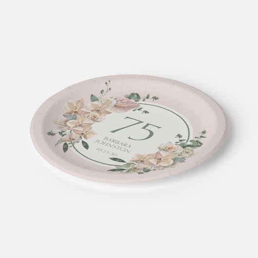 75. Geburtstag tropische Flora Pappteller (Schrägansicht)