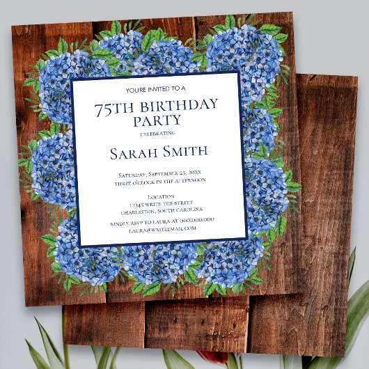 75. Geburtstag Wood Blue Hydrangeas Rustikales Par Einladung