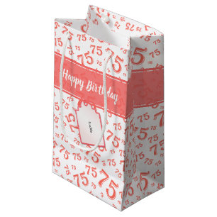 75. Geburtstag Zufallszahlen-Muster Koralle/Weiß Kleine Geschenktüte