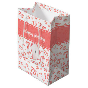 75. Geburtstag Zufallszahlen-Muster Koralle/Weiß Mittlere Geschenktüte