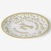 75. Geburtstag Zufallszahlenmuster Gold/Weiß Pappteller (Schrägansicht)