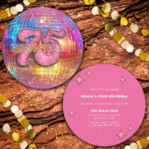 75. Geburtstagsfeier Gold Pink Glitter Disco-Kugel Einladung